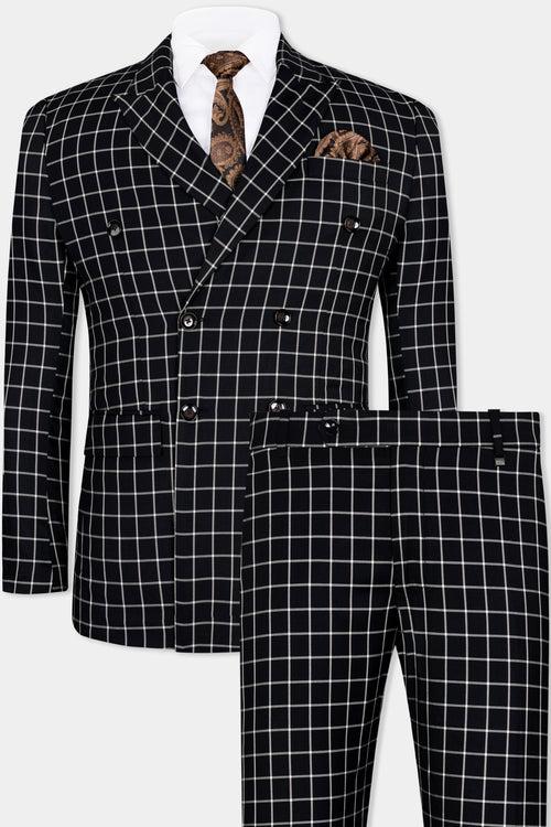 Jade Black and White Checkered Wool Rich Double Breasted Suit