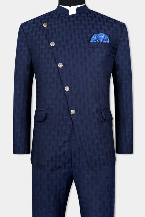 Haiti Blue Wool Rich Cross Placket Bandhgala Suit