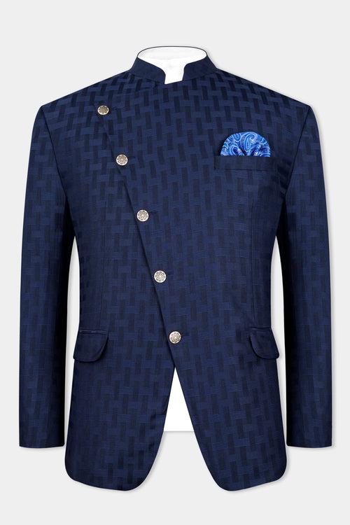 Haiti Blue Wool Rich Cross Placket Bandhgala Suit