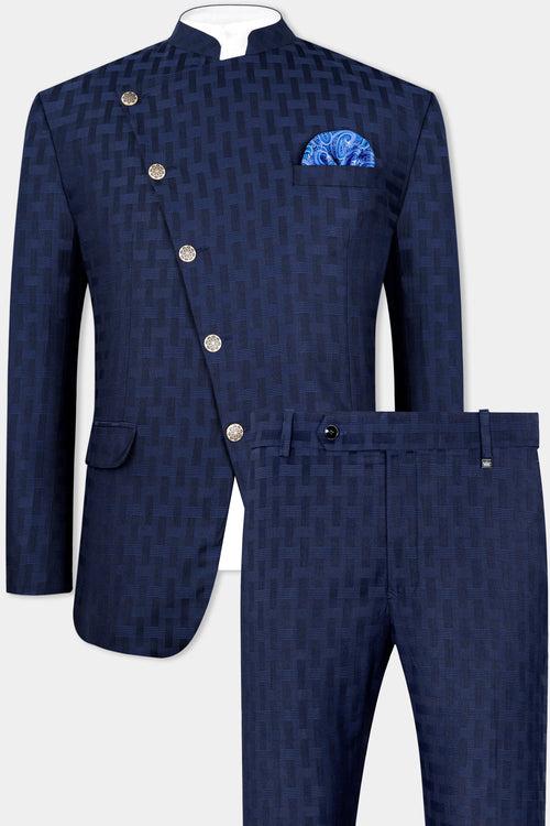 Haiti Blue Wool Rich Cross Placket Bandhgala Suit