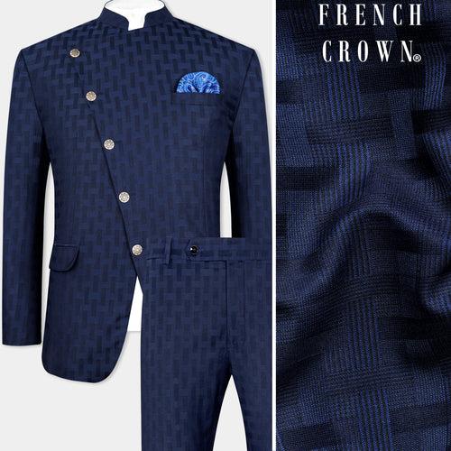 Haiti Blue Wool Rich Cross Placket Bandhgala Suit