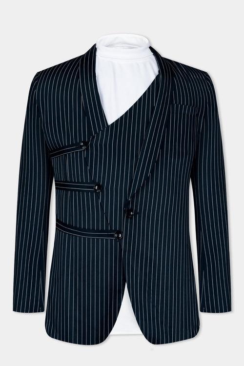 Gunmetal Blue with White Striped Wool Rich Designer Blazer
