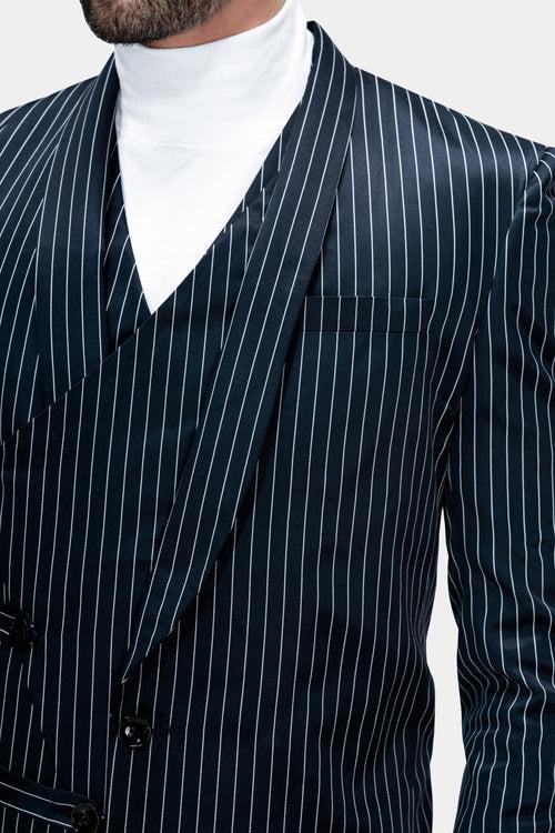 Gunmetal Blue with White Striped Wool Rich Designer Blazer