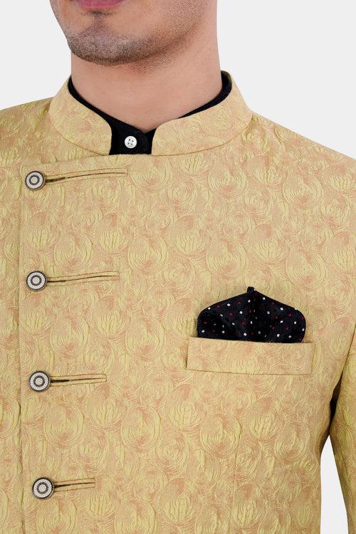 Straw Beige and Desert Brown Textured Cross Placket Bandhgala Designer Blazer