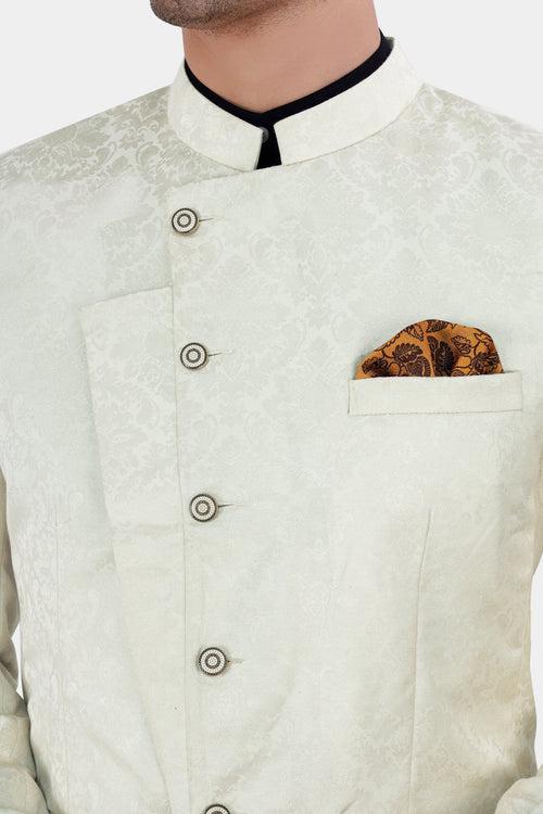 Periglacial White Textured Cross Placket Bandhgala Designer Blazer