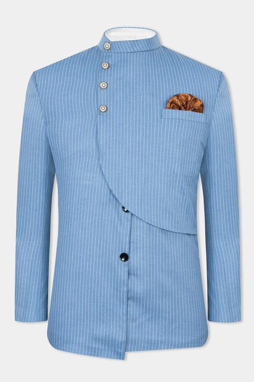 Jordy Blue PinStriped Wool Rich Bandhgala Designer Blazer