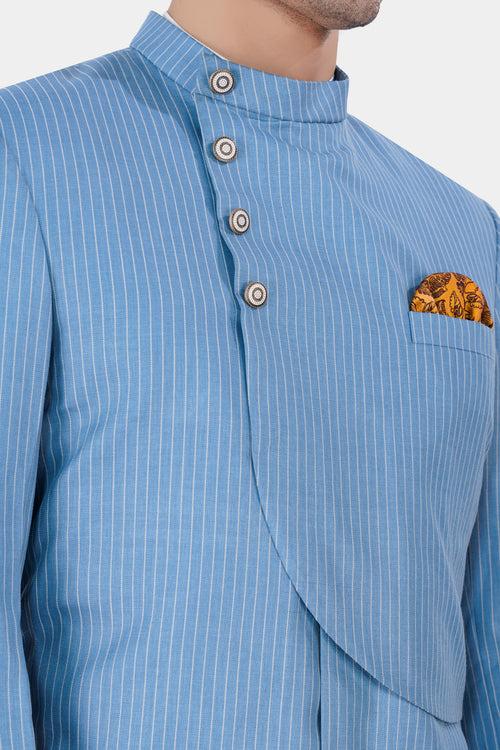 Jordy Blue PinStriped Wool Rich Bandhgala Designer Blazer