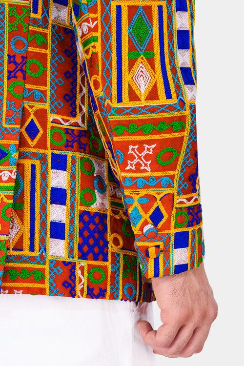 Sinopia Red with Smalt Blue and Peel Orange Cotton Thread Embroidered Cross Placket Bandhgala Designer Blazer