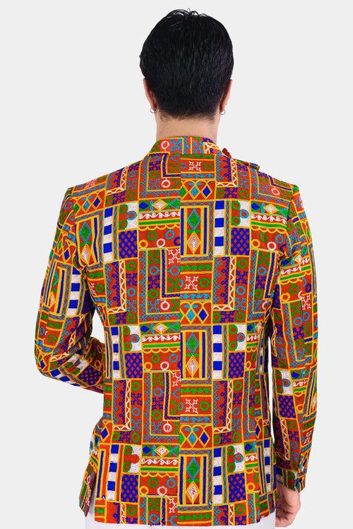 Sinopia Red with Smalt Blue and Peel Orange Cotton Thread Embroidered Cross Placket Bandhgala Designer Blazer