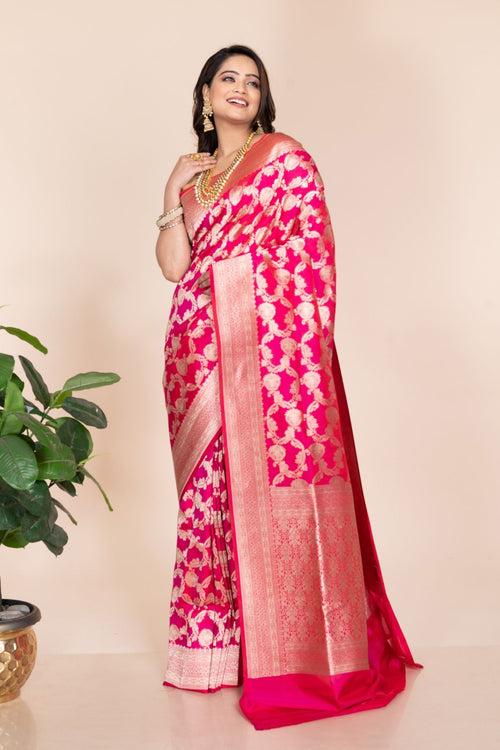 Gorgeous Pink Katan Silk Jangla Banarasi Saree