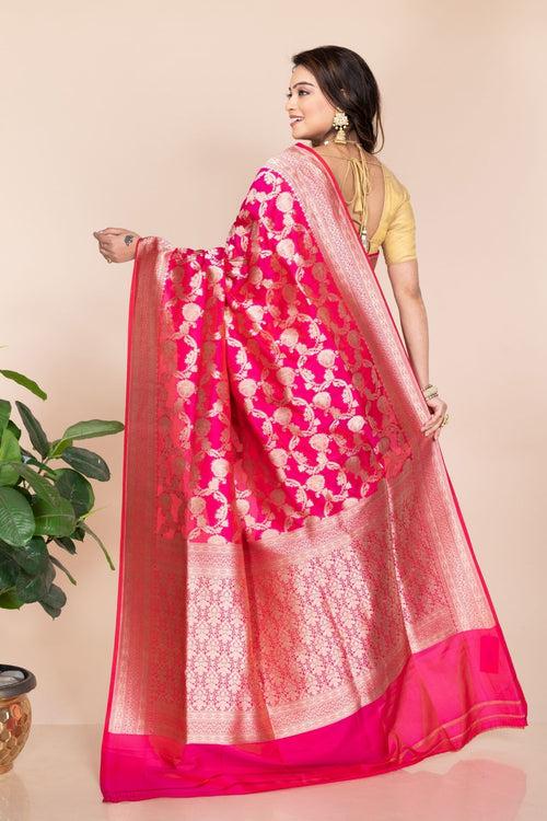 Gorgeous Pink Katan Silk Jangla Banarasi Saree