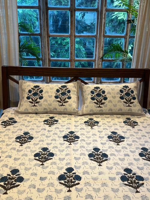 White & Blue Kantha Bed Cover