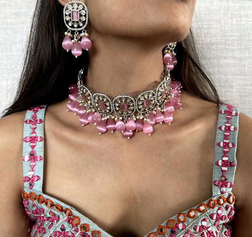 Pink Moonstone Aaryah Choker Necklace & Earring Set