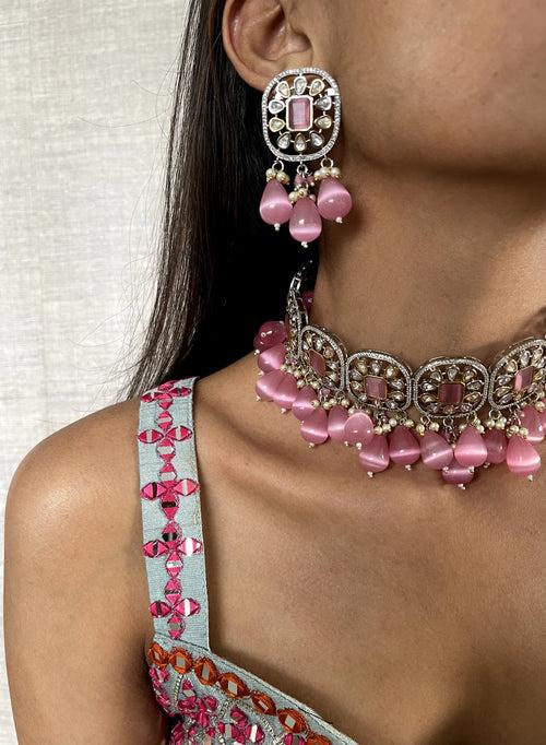 Pink Moonstone Aaryah Choker Necklace & Earring Set