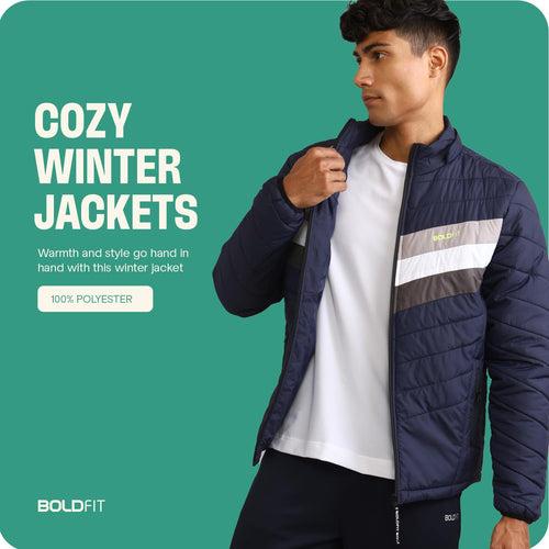 Mens Winter Bomber Jacket with Detachable Cap - Blue/White