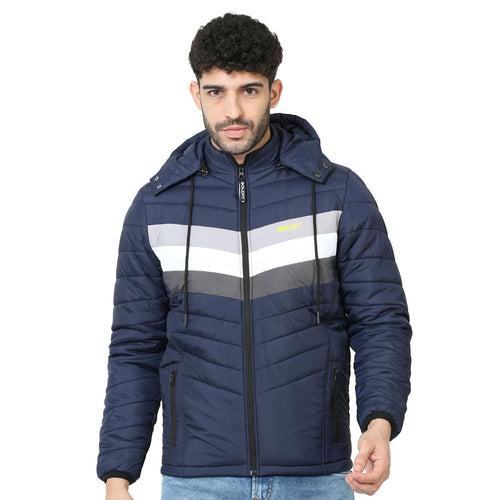 Mens Winter Bomber Jacket with Detachable Cap - Blue/White