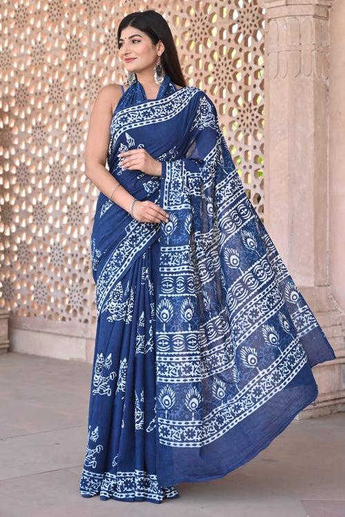 Ready to wear saree Indigo Handblock Print mulmul one minute saree