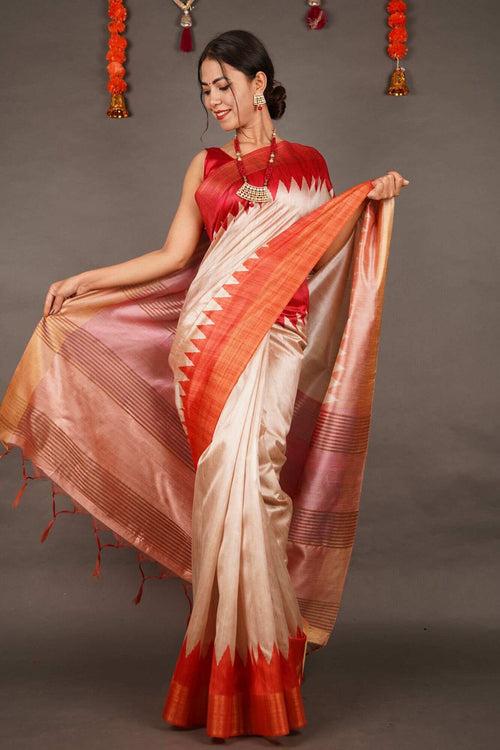 Ready To Wear Beige & Red Temple  Border Tussar Wrap in 1 minute saree