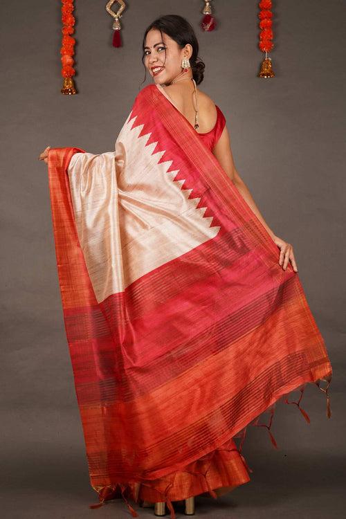 Ready To Wear Beige & Red Temple  Border Tussar Wrap in 1 minute saree