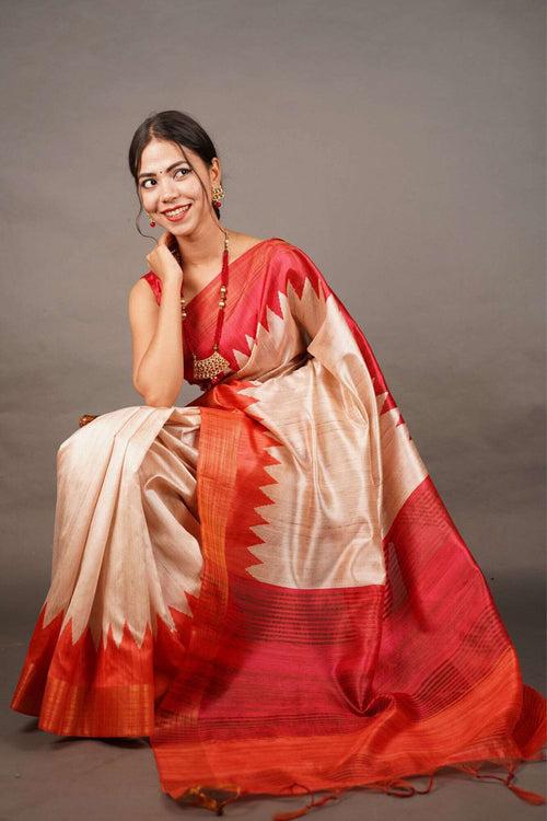 Ready To Wear Beige & Red Temple  Border Tussar Wrap in 1 minute saree