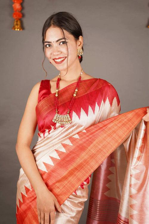 Ready To Wear Beige & Red Temple  Border Tussar Wrap in 1 minute saree