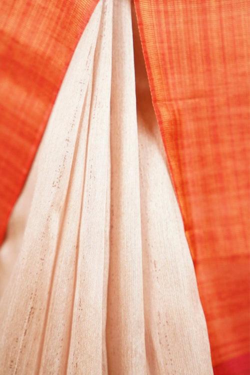 Ready To Wear Beige & Red Temple  Border Tussar Wrap in 1 minute saree