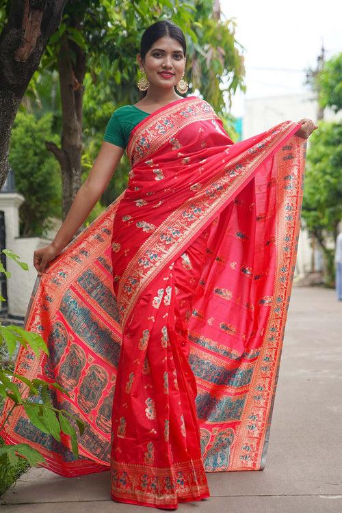 Banarasi meets Baluchari festive wrap in 1 minute saree