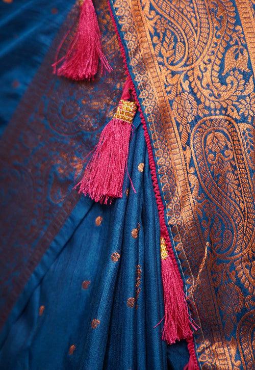 Ready to wear Cobalt Blue Kanjeevaram Styled With Jacquard Weave Paisley Design  Wrap in one minute saree