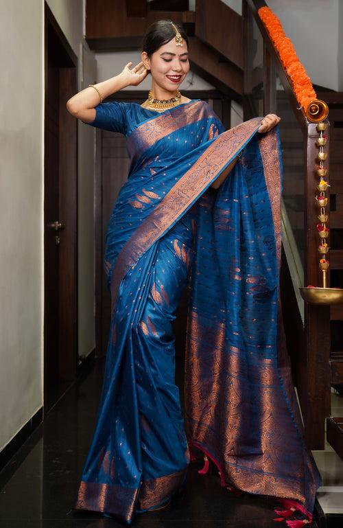 Ready to wear Cobalt Blue Kanjeevaram Styled With Jacquard Weave Paisley Design  Wrap in one minute saree