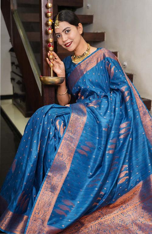 Ready to wear Cobalt Blue Kanjeevaram Styled With Jacquard Weave Paisley Design  Wrap in one minute saree