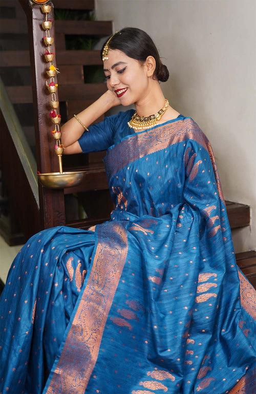 Ready to wear Cobalt Blue Kanjeevaram Styled With Jacquard Weave Paisley Design  Wrap in one minute saree