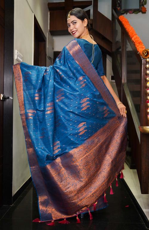 Ready to wear Cobalt Blue Kanjeevaram Styled With Jacquard Weave Paisley Design  Wrap in one minute saree