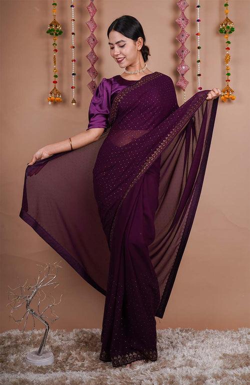 Ready To Wear Wine Soft Georgette With Stone Sequence Detailed  Work All Over  Wrap in 1 minute saree