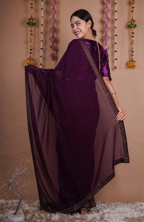 Ready To Wear Wine Soft Georgette With Stone Sequence Detailed  Work All Over  Wrap in 1 minute saree