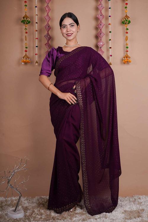 Ready To Wear Wine Soft Georgette With Stone Sequence Detailed  Work All Over  Wrap in 1 minute saree