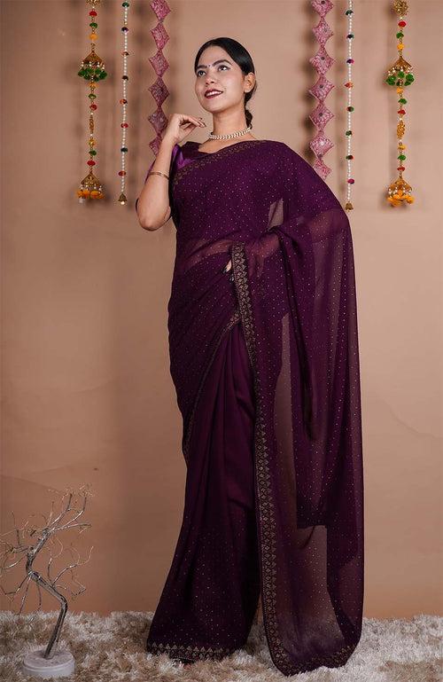 Ready To Wear Wine Soft Georgette With Stone Sequence Detailed  Work All Over  Wrap in 1 minute saree