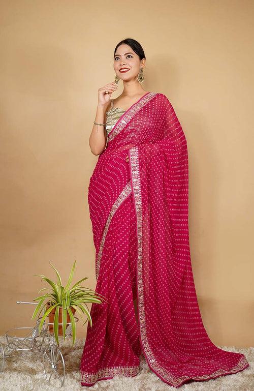 Ready To Wear Georgette Bandhani Printed & Embroidery Work In Lace Bordered Wrap In One Minute Saree