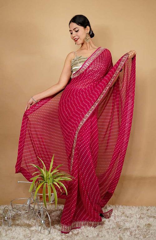 Ready To Wear Georgette Bandhani Printed & Embroidery Work In Lace Bordered Wrap In One Minute Saree