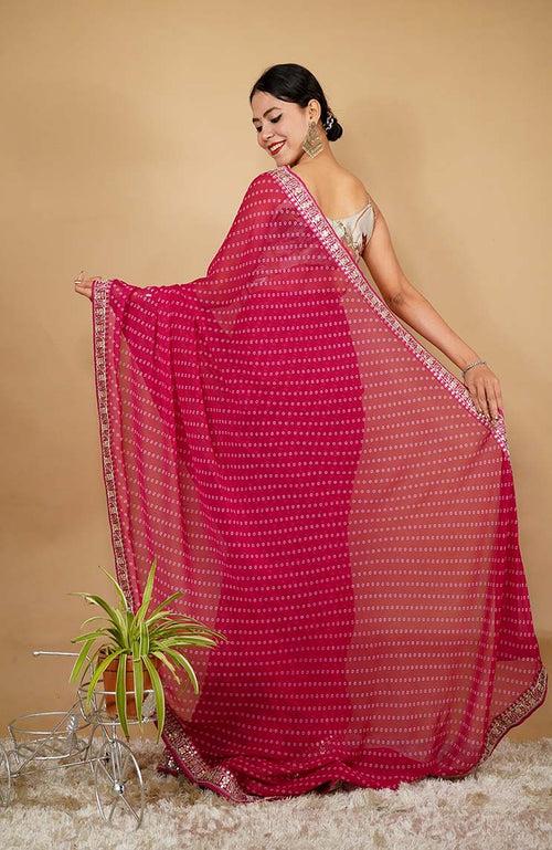 Ready To Wear Georgette Bandhani Printed & Embroidery Work In Lace Bordered Wrap In One Minute Saree