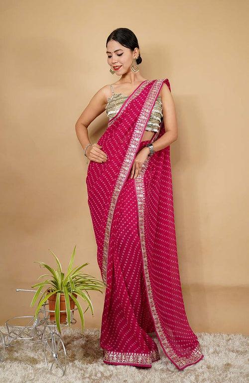 Ready To Wear Georgette Bandhani Printed & Embroidery Work In Lace Bordered Wrap In One Minute Saree