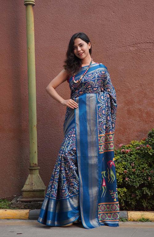 Ready to wear Blue Dola Silk Ethnic Motif Kalamkari Printed All Over  Wrap in 1 minute saree