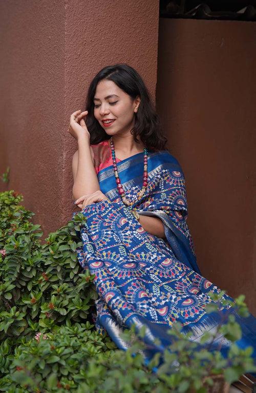 Ready to wear Blue Dola Silk Ethnic Motif Kalamkari Printed All Over  Wrap in 1 minute saree