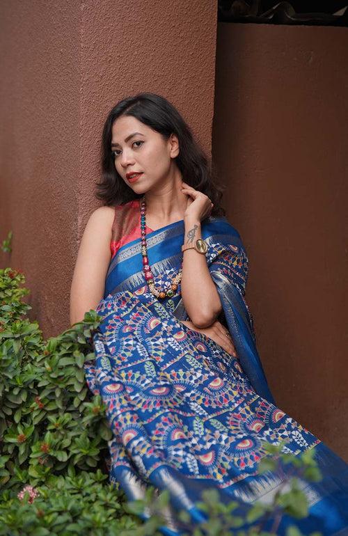 Ready to wear Blue Dola Silk Ethnic Motif Kalamkari Printed All Over  Wrap in 1 minute saree