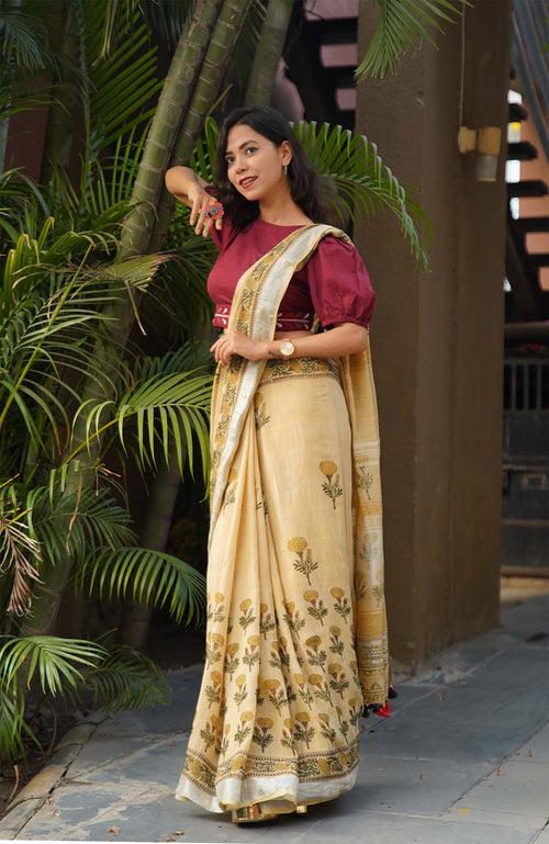 Ready To Wear Beige Soft Linen Cotton With Floral Printed& Tassels on Pallu  Wrap in 1 minute saree