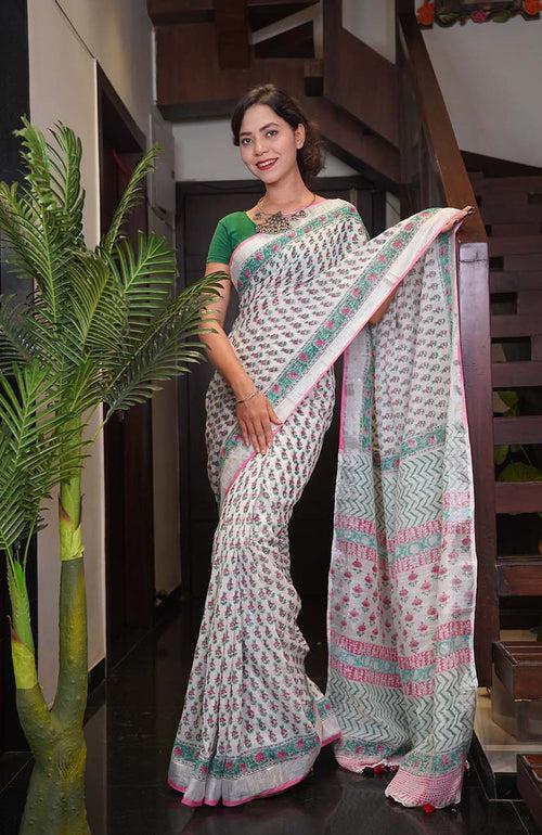 Ready To Wear Jaipuri Sanganeri Print Cotton Linen With Tassels Wrap in one minute saree