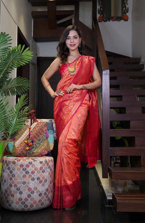 Beautiful Red Orange  Dhoop chaanv banarasi With ornate border and Pallu Wrap in one minute saree