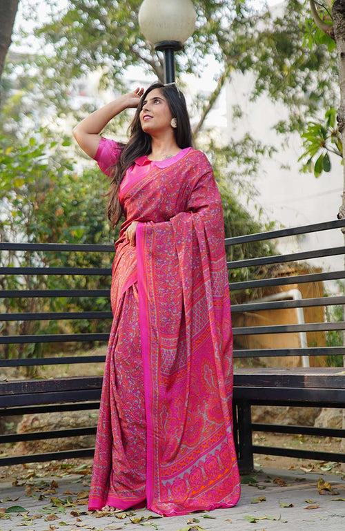 Easy On The Eyes Pink Soft as butter With Intricate printed Wrap In One Minute Saree