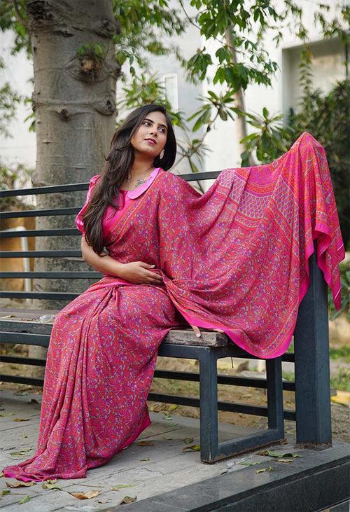 Easy On The Eyes Pink Soft as butter With Intricate printed Wrap In One Minute Saree