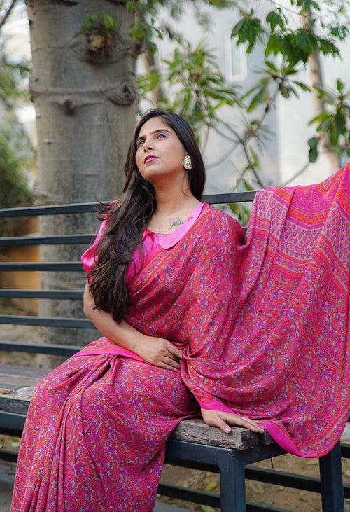 Easy On The Eyes Pink Soft as butter With Intricate printed Wrap In One Minute Saree