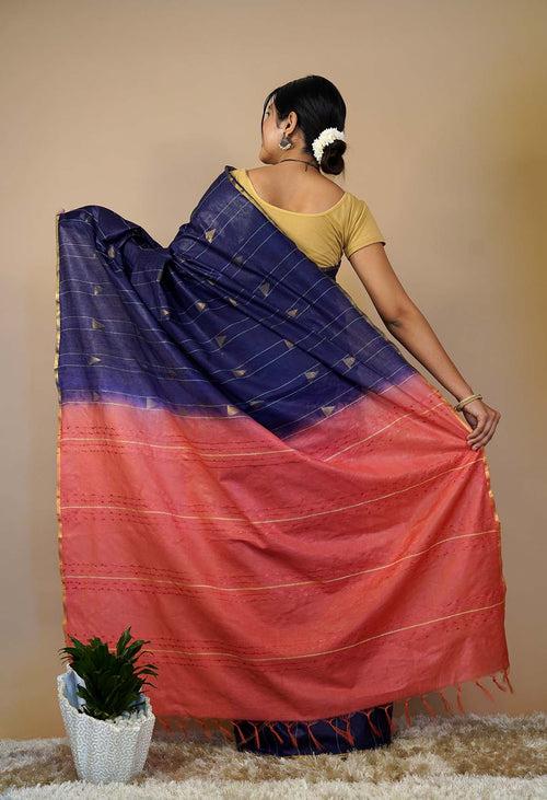 Beautiful Handloom Doby Triangular Design Weave Blue & Pink Kota Silk Wrap In One Minute Saree